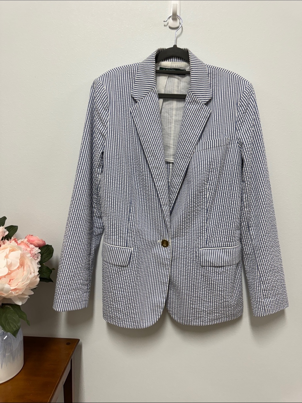 Ralph Lauren Blue and White Striped Seersucker Blazer